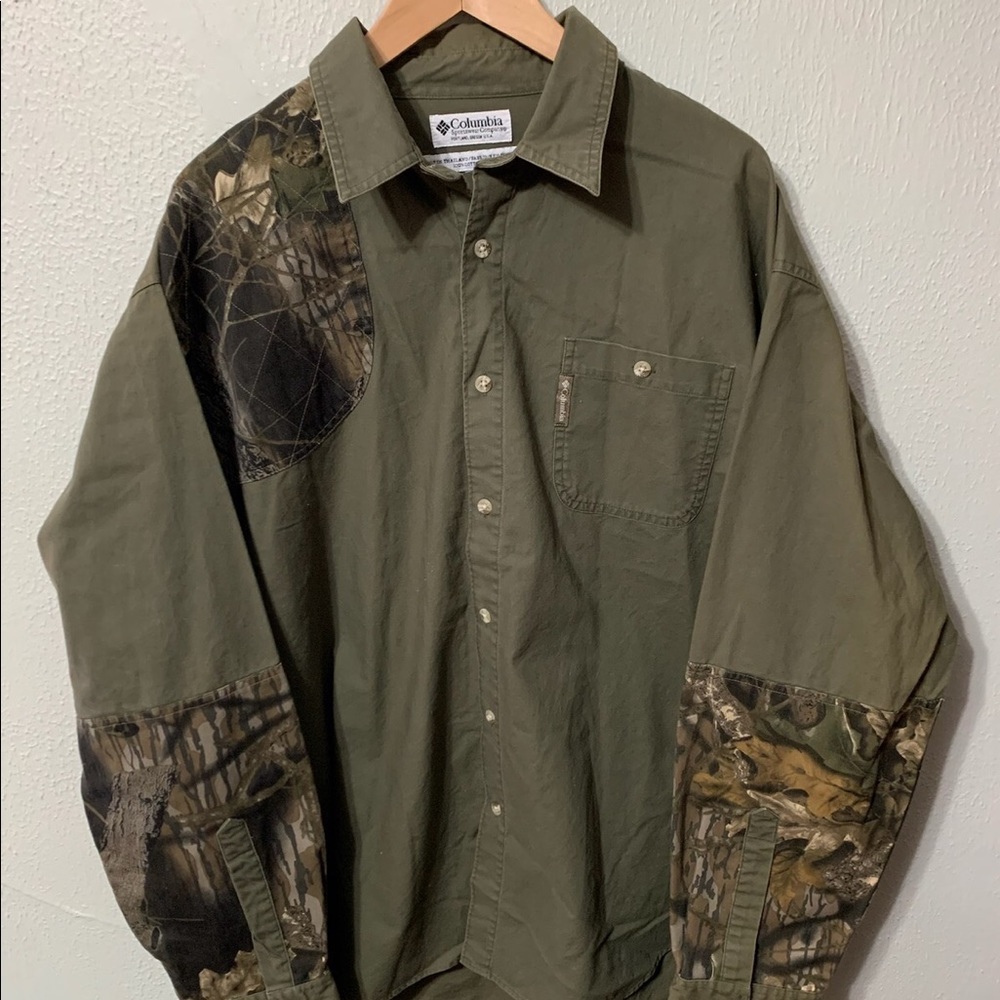 COLUMBIA • Vintage 90s Shooting Shirt Men XL Olive Camo Long Sleeve Hunting - Picture 8 of 9